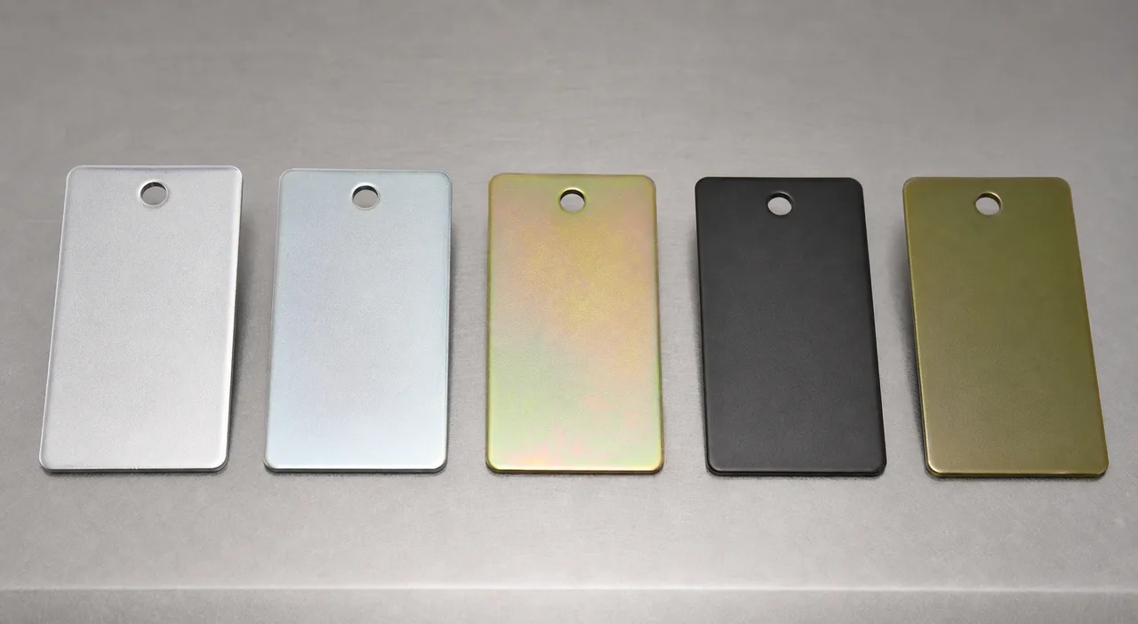 クロメート処理の色調差を比較する金属サンプルプレートのイメージ